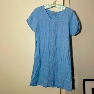 Valentina Naldi light blue mini linen dress, needle-point flower design in front